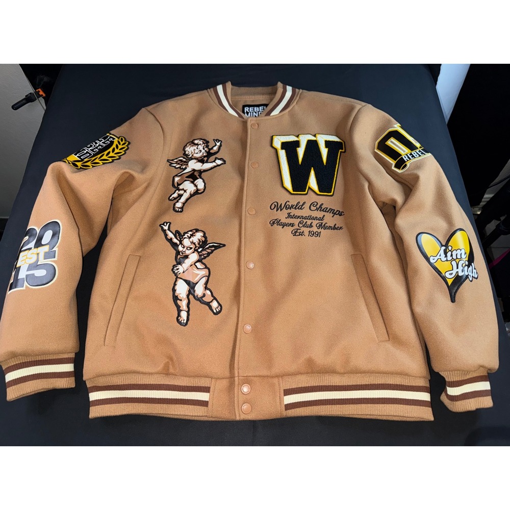 Rebel Minds‎ Mens Varsity Jacket Camel Tan Cherub World Champs Patch Letterman M